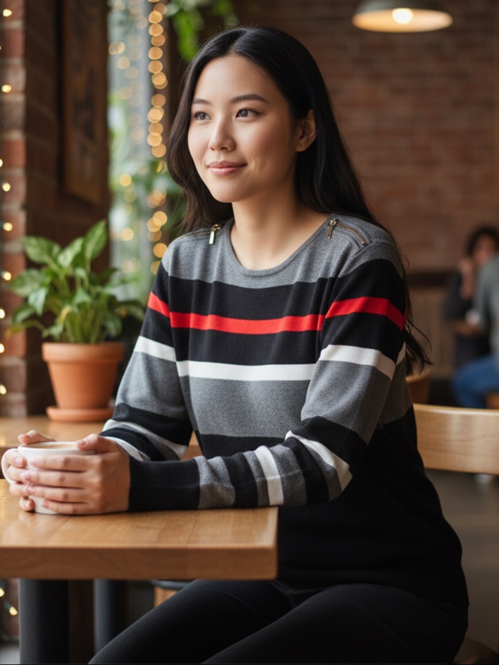 Joseph A Striped Crewneck Sweater - Black, Gray, White & Red Accent